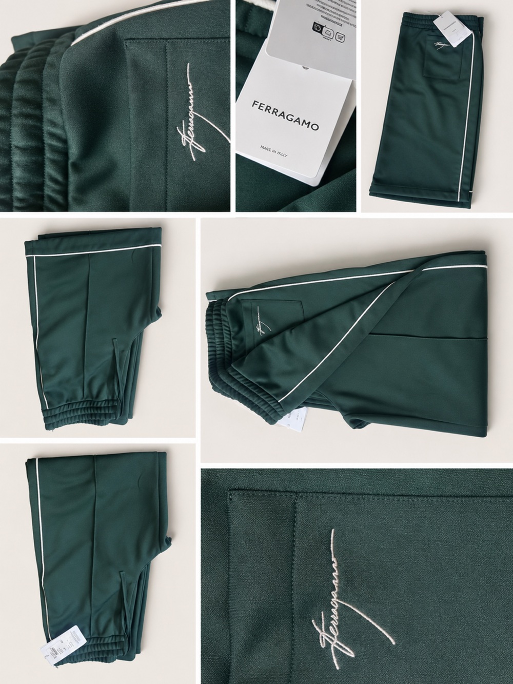 Salvatore Ferragamo Dark Green Track Joggers with White Piping
